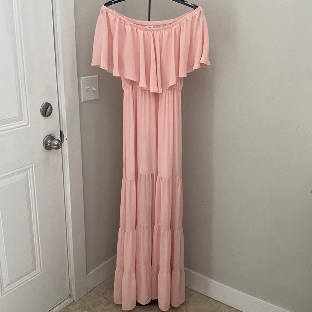 Venus Blush Pink Off Shoulder Ruffle Tiered Chiffon Maxi Dress Size 6